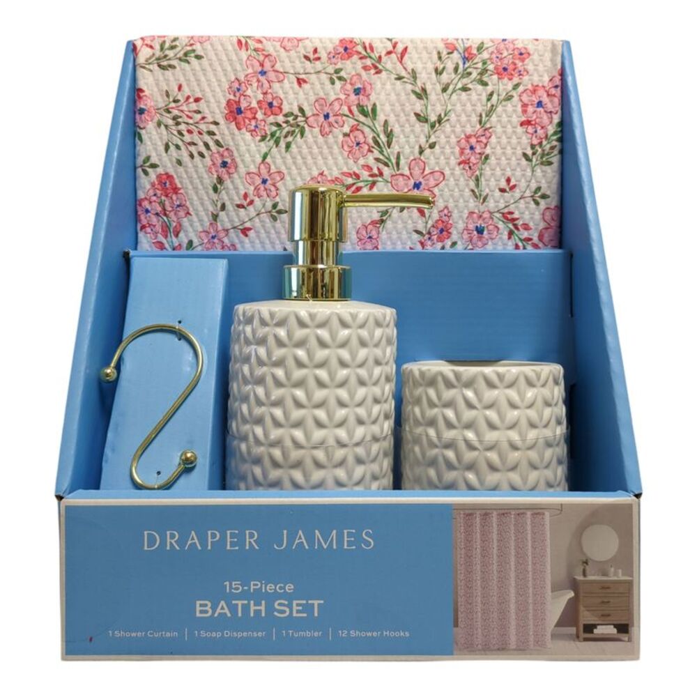 Pink - Draper James 15-Piece Bath Set, Shower Curtain, Soap Dispenser, Tumbler, - Picture 1 of 2